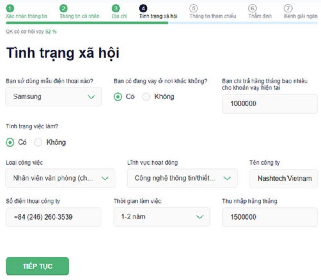 Nhập thông tin nghề nghiệp người đi vay SENMO: 13